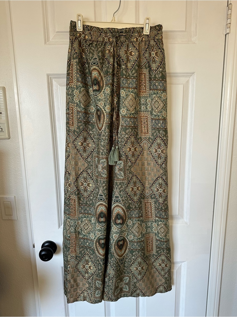 Chelsea & Theodore Green and Tan Bohemian Print Palazzo Pants